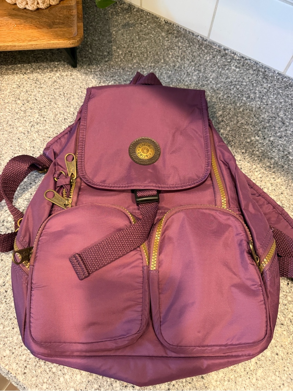 Kipling Plum Nylon Backpack with Multiple Front Pockets Matching Wallet